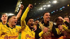Die Spieler von Borussia Dortmund bejubeln den Einzug ins Champions League-Halbfinale. Foto: AFP/INA FASSBENDER